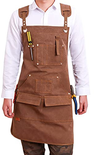 aolaso Canvas Work Apron, Heavy Duty Tools Apron with Cross-Back Straps for Men, Carpenters, Woodworker (Brown)