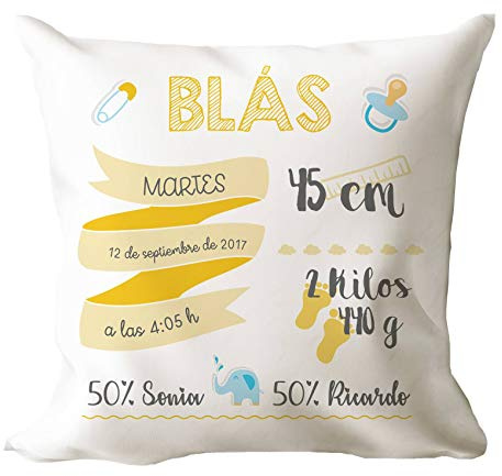 AR Regalos Cojín Personalizado con Datos de Nacimiento del bebé - Amarillo