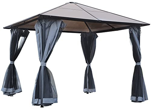 Outsunny Cenador de Jardín 3x3 m con Marco de Aluminio Pabellón de Exterior con Techo de Policarbonato 4 Cortinas Laterales y 4 Mosquiteras con Cremalleras Gazebo para Fiestas Eventos Multicolor