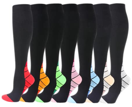 Cheeroyal 7 pares de calcetines de compresión de 20 a 30 mmHg para hombres y mujeres, ideales para recuperación, enfermeros, correr, maternidad, embarazo, vuelos, viajes, deportes (S, 7-5)