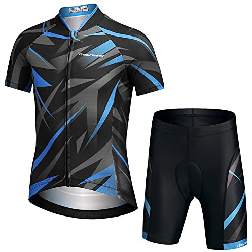 L PATTERN Kinder Radsport Bekleidung Jungen Fahrrad Trikot Set Mädchen Radtrikot Radhose mit Sitzpolster Atmungsaktiv Anzug Shirt Kurzarm+Kurz Fahrradhose, Blau+Schwarz+Grau, 130