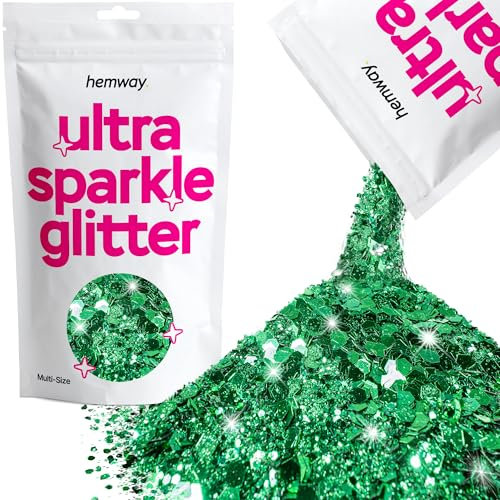 Hemway Ultra Sparkle Glitter - Mélange De Paillettes Cosmétiques Fines Multi-Tailles Pour Le Festival D'Art D'Ongle D'Oeil De Cheveux De Visage De Corps -Vert Emeraude - 100g / 3.5oz
