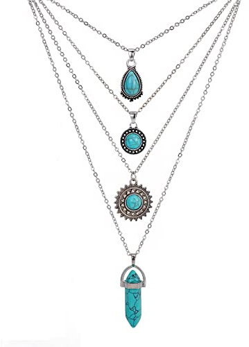 NICENEEDED 4 Pieces Turquoise Collar Long Necklace, Western Silver Cowgirl Jewelry Boho Neck Chain, Pendant Choker Necklaces Hippie Accessories with Buckle for Women as Mothers Day Gifts