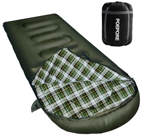 POEPORE Schlafsack Outdoor für Erwachsene 3-4 Jahreszeiten Flanell Schlafsäcke Deckenschlafsack Warmer mit Reißverschluss für Arme und Füße beim Camping Wandern Angeln 230x90CM Olive