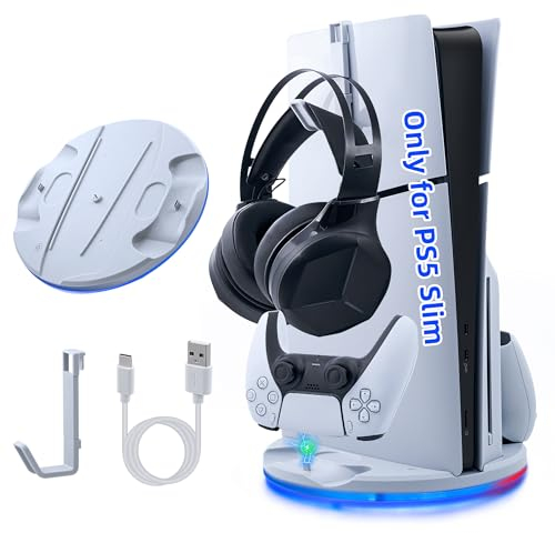 Tolesum Soporte para PS5 Slim, Estación de Carga con LED para PS5 Slim Digital/Disc Edition, Base de Cargador para Controlador Dual PS5 con Soporte para Auriculares - Blanco - No para PS5/PS5 Pro