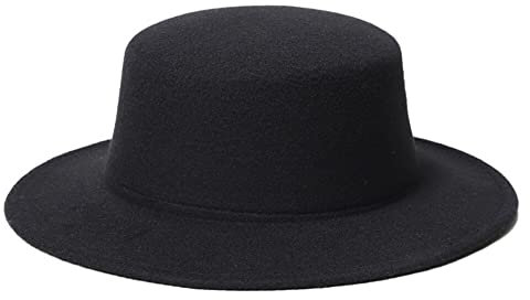 VANTOBEST Klassische schwarze Wollmischung, breite Krempe, flache Oberseite, Fedora, Panamahut, Filz, Kirche, Derby, Pork Pie, Jazz-Hut, für Damen und Herren, Schwarz , 58
