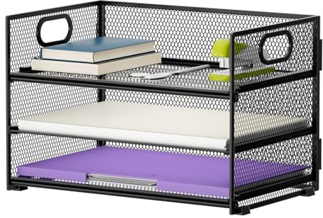 Marbrasse Organizador de Escritorio,3 Tire Carta Organizador de Papel con asa,Bandeja Organizadora de Escritorio de Malla para A4 Archivo,Artículos de Oficina en Casa(Negro)