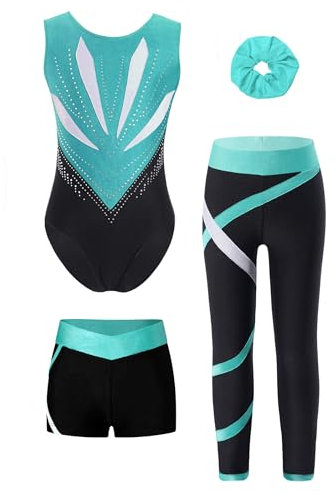 Miutii 4tlg.Mädchen Turnanzug Glitzer Gymnastikanzug mit Shorts Hose und Haargummi Ärmellos Ballettanzug Gymnastik Leotard Eislaufen Tanzkostüm A Blau Grün 134-140