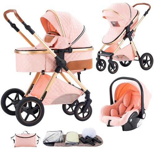 Shineey Kinderwagen 3 in 1,Puppenwagen Buggy Faltbarer Kinderwagen Set, Kombikinderwagen 3 in 1 mit Großer Bequemer Babywanne, Laufwagen Rahmen Aluminiumlegierun (H2 PINK, H2)