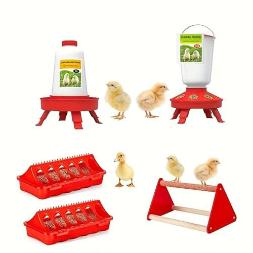 5pcs Futterautomat Hühner + Hühnertränke im Set 1kg , Küken Futterautomat und Tränke Set mit Hühner-Sitzstange,Geeignet für kleines Geflügel wie Hühner, Enten, Gänsedaunen, Wachteln, Tauben usw