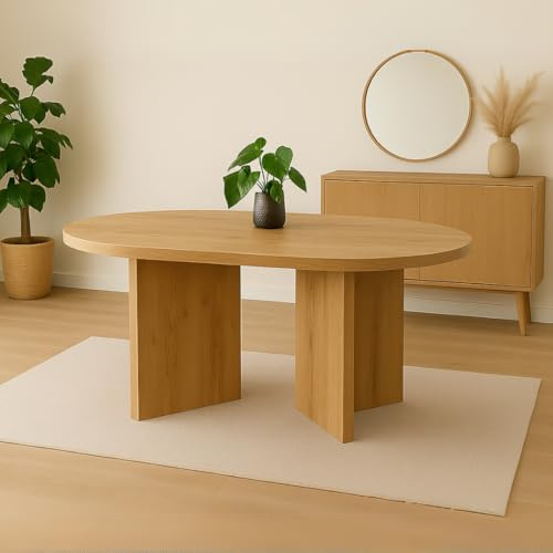 trelevo Esszimmertisch 160x90 cm, Wildeiche-Optik, Tischplatte gerade Kanten 40mm, ovealer Esstisch, Tischbeine V-Form, Holztisch Esszimmer