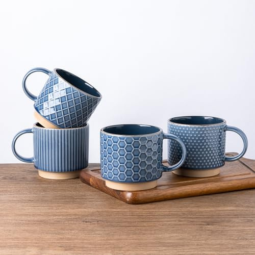 GBhome Set of 4 Stackable Ceramic Coffee Mugs 480ml - Textured Modern Cups for Tea/Latte/Cappuccino, Dishwasher & Microwave Safe, Gift for Men/Women