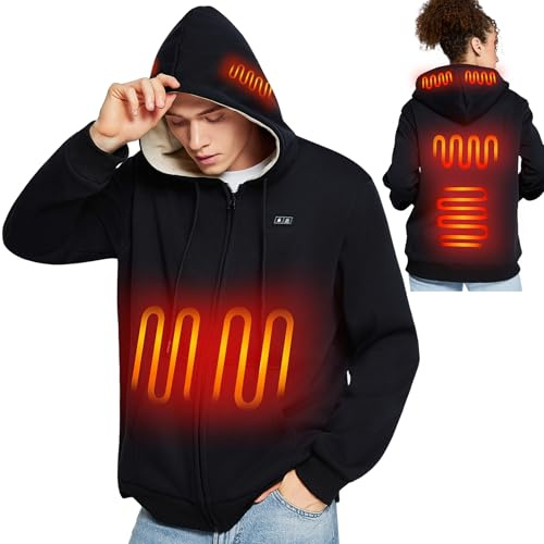 seenlast Uppvärmd sweatshirt herr dam, unisex uppvärmd jacka med batteri 10000mAh, uppvärmd huvtröja för herr dam, termisk jacka med 6 zoner uppvärmning 3 temperatur justerbar