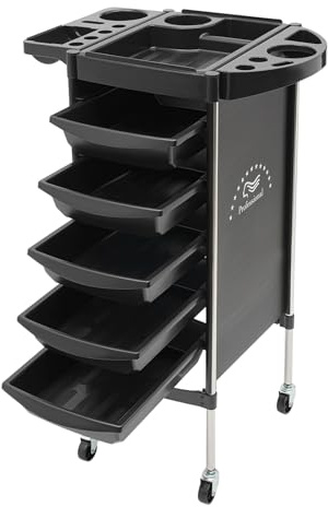 Carrito de peluquería de 6 pisos – Carro de trabajo con cajones y ruedas, 36 x 85 cm (negro) para barbero, corte de pelo y herramientas