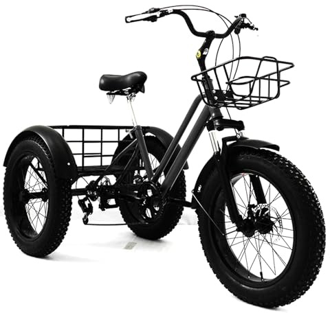 DEaThsalL Genérico Triciclos De Llantas Anchas con Canasta Capacidad de Carga de 200 kg For Adultos Cuadro Acero Al Carbono, Bicicletas Paseo 3 Ruedas For Ejercicio Black