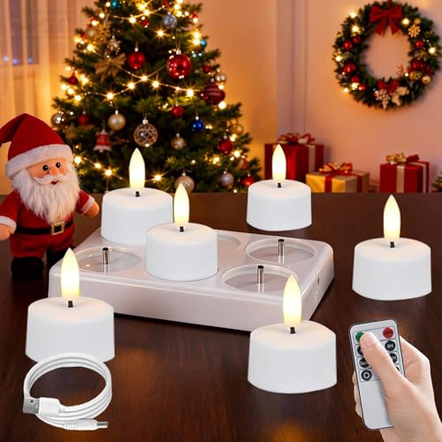 AXVRAV 6 lumini a LED ricaricabili con stazione di ricarica e cavo USB, fiamma tremolante, telecomando timer dimmerabile, candele elettriche tremolanti per Natale, compleanni, matrimoni