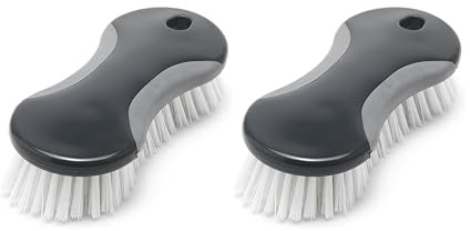 Addis ComfiGrip Multi-Purpose Scrubbing Brush – Soft-Touch Ergonomic Grip with Durable Stiff Bristles – Kitchen, Bathroom, Utility & Outdoor Cleaning, Metallic, Twin Pack