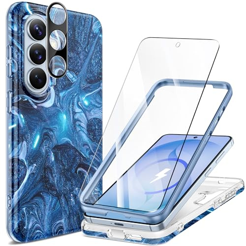 GVIEWIN Kompatibel med Samsung Galaxy S26 fodral 6,3 tum 2026, kompatibel med MagSafe, med skärm + kameraskydd, marmor stötsäker stötfångare anti-repor skyddande magnetiskt fodral, avgrundss/blå