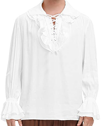 MODSGUE Camicia da uomo medievale, stile vichingo, camicia con lacci, rinascimentale, vittoriano, steampunk, tinta unita, comoda, basic pirata, colletto alto, per cosplay, bianco, S