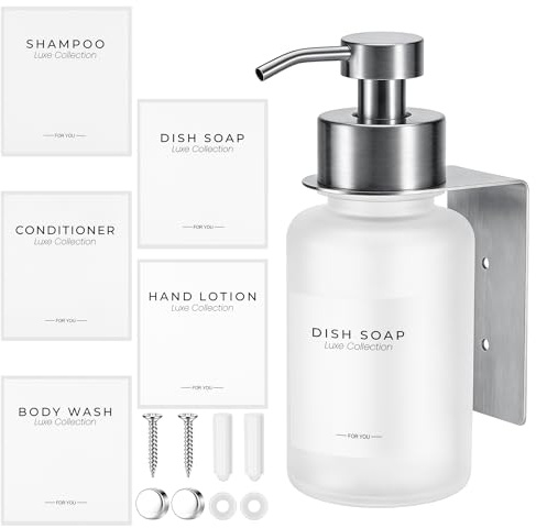 Hejo Dispensador Jabon Pared de Vidrio, 400 ml Jabonera Dosificador para Baño Cocina, No Perforación, Autoadhesivo, Dispensador Esmerilado para Acondicionador Champú Gel de Ducha(Blanco/Plata)