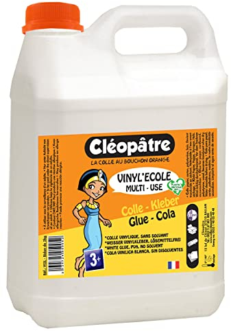 Cléopatre - Vinyl'école - Pegamento Vinílico, Blanco y Espeso, Multimateriales, A partir de 3 Años / Guardería - Sin Disolventes, Limpieza con Agua - Fabricado en Francia - 5KG