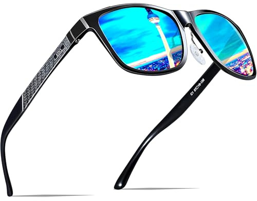 ATTCL Polarized Sunglasses Men for Driving: UV400 Protection Lightweight AL-MG Metal Rectangular Sun glasses Fishing Golf Hiking Travel 8587 black-blue