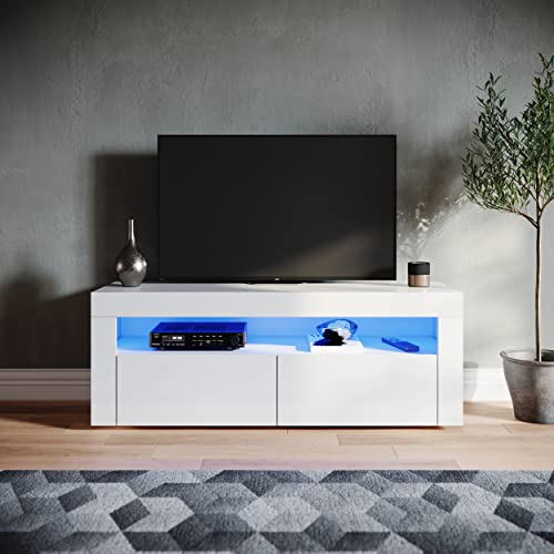 SONNI TV Board, LED Lowboard, TV Schrank Weiss, 120 cm, 12-LED-Farben, Weiß Hochglanz, Fernsehtisch, TV-Regal, 120x40x45cm, GTV002W-WHITE-3