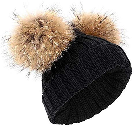 Feifanshop - Berretto invernale da donna, lavorato a maglia, con doppio pon pon in pelliccia sintetica, con orecchie natalizie, Nero , Taglia unica