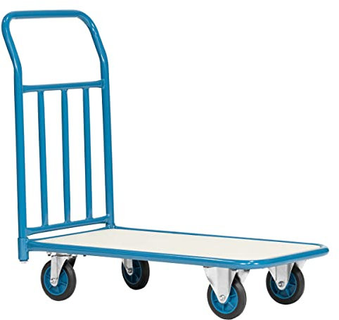 Flat Bed Trolley - Fixed Warehouse and Office Platform Cart, Blue Steel with Wooden Deck