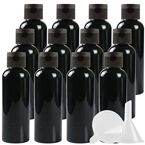 ZEOABSY 12 Pièces 100 ML Noir Bouteille en Plastique avec Bouchon à Charnière Noir, DIY Vider Bouteille Ronde en PET de Voyage pour Cosmétiques Liquides