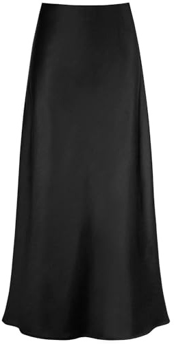 Outoshe Maxi gonne da Donna in Raso a Vita Alta con Elastico Nascosto in Vita Una Linea Gonna Lunga, Nero, S