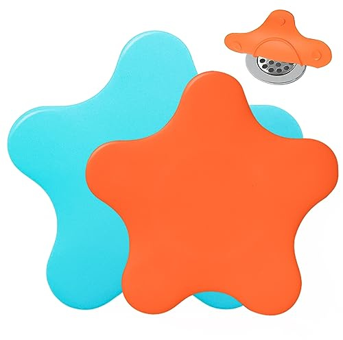 2 Pack Bathtub Stopper Tub Drain Plug Stopper, Adorable Universal Silicone Bath Drain Cover, Beautiful Starfish Illustration (Blue Large Orange Small)