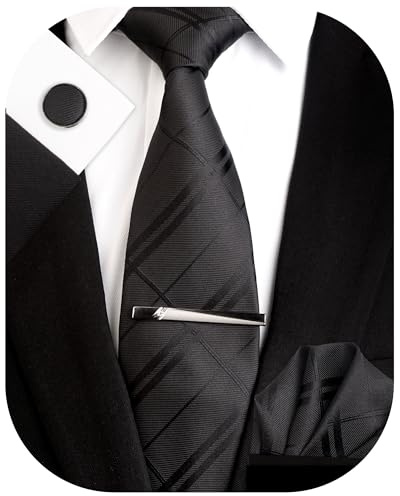 SIILLKEVIN Black Tie for Men and Pocket Square Cufflink Tie Clip Set Plaid
