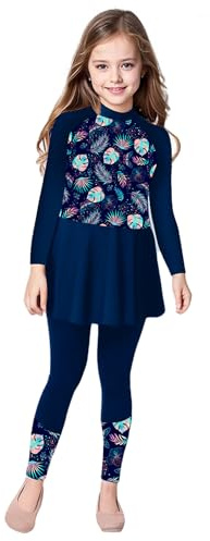 Fldy Mädchen UV Badeanzug Langarm Badeoberteil Kleid Hose 2er Set Kinder Rashguard Bademode Badebekleidung Sonnenanzug Navy blau 158-164