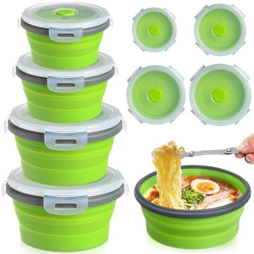 Suclain Set di 4 ciotole da campeggio con coperchio, pieghevoli, in silicone, per il pranzo, insalatiera, espandibile, per conservare gli alimenti, ciotole da viaggio pieghevoli per escursioni e