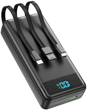 Power Bank 27000mAh, Portable Charger PD20W & QC3.0 Fast Charging with Built-in 3 Cables, 4 Outputs & 3 Inputs Powerbank with LED Display for iPhone, Tablets and More