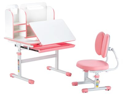 VEVOR Schreibtisch Set Kinderschreibtisch Arbeitstisch und Stuhl höhenverstellbar (54-73 cm) belastbar (100 kg) 0–40° neigbarer Tisch mit Bücherregal für Schlafzimmer Arbeitszimmer Rosa