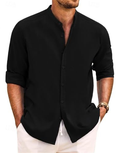 Yageshark Camisa de lino para hombre, camisa de manga larga, camisa de verano, con botones, cuello alto, camisa de ocio, informal, corte regular, camisa de playa, camisa de lino, Negro , XL
