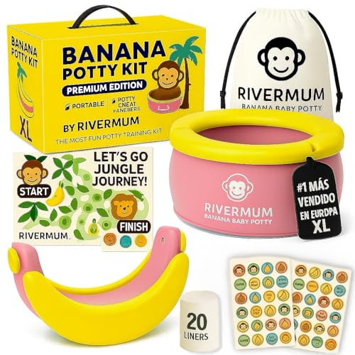 RIVERMUM® Kit urinoir banane Premium XL, urinoir portable pliable pour enfants, idéal pour les voyages ou la maison, comprend 20 sacs, autocollants, pot et sac de transport (nouvelle taille XL rose)