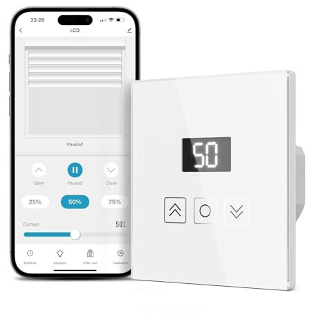 Tallifun Interrupteur Volet Roulant Connecté avec Fonction Pourcentage, WiFi Interrupteur Mural Équipé un Écran LCD Compatible Alexa/Google Home/SmartLife, Programmation pour Rideaux