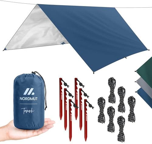 NORDMUT® Tarp 3x3/4m Impermeable – Toldo Camping protección Óptima contra Lluvia y Sol – Lona Resistente con Ojales, Tamaño Compacto – Ultraligero para Camping & Senderismo (Azul / 300 x 400 cm)