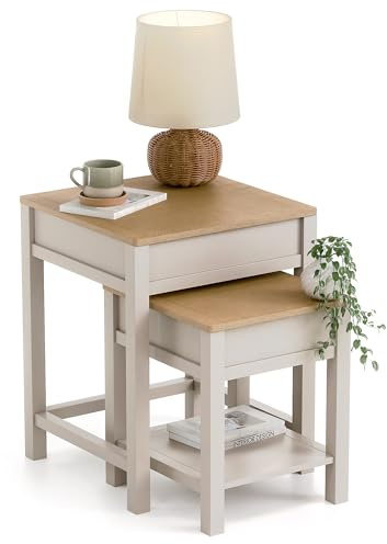 CHRISTOW Nest of 2 Tables with Storage, Pebble | Modern Living Room Tables, Oak-Effect Tops, Hidden Storage, Space-Saving Nesting Design, Durable MDF, H53cm x W43cm x D41cm