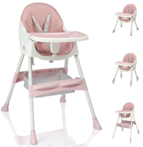 LALAHO 3-in-1 Foldable Baby High Chair with 5-Point Safety Harness Pink | Portable Convertible Highchair with Adjustable Double-Layer Tray and Storage Bag for Toddlers & Babies