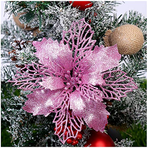 GL-Turelifes - Confezione da 12 Fiori di Stella di Natale Artificiali Glitterati, Ghirlanda di Natale per Albero di Natale, Diametro 16 cm, Rosa