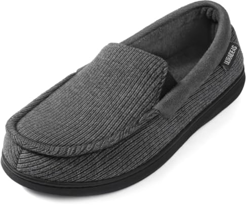 ULTRAIDEAS Men's Moc-Toe Slippers Loafer House Shoes Indoor Outdoor Memory Foam with Breathable&Warm Knit Upper, Charcoal Grey, 11 US