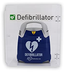Notfallretter® Defibrillator AED Basic, 10 Jahre Garantie Schiller Deutschland, mit vollauto. Schockauslösung, HLW-Unterstützung, Design-Acrylglaswandkasten + AED Standortwinkel, Vollausstattung, MDR