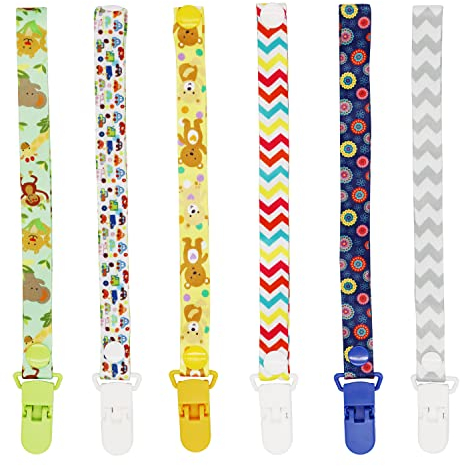 FenFang Schnullerband Baby, 6er Schnullerkette Stoff, Schnullerketten mit Clips, Schnullerband Junge Mädchen, Einstellbar Nuckelband Nuckelketten für Schnur Lätzchen Dreieckstuch Schnuller