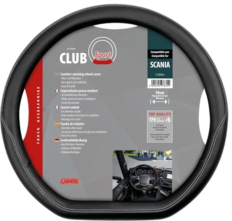 Lampa Club Sport Steering Wheel Cover - Made to Measure, Faux Leather, Plush - Black - Compatible with Scania G/P/R/S Series 7 (11/2016>)