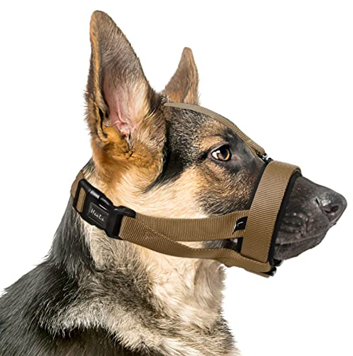 HEELE Maulkorb für Hund mit Kopfband HundeMaulkorb Weiche Gepolstert Kein Reiben HundeMaulkörb Verstellbare Schlaufe Hundemaulkorb Maulkörb Gegen Beißen Kauen Maulkorb für Große Hunde, Braun, XL