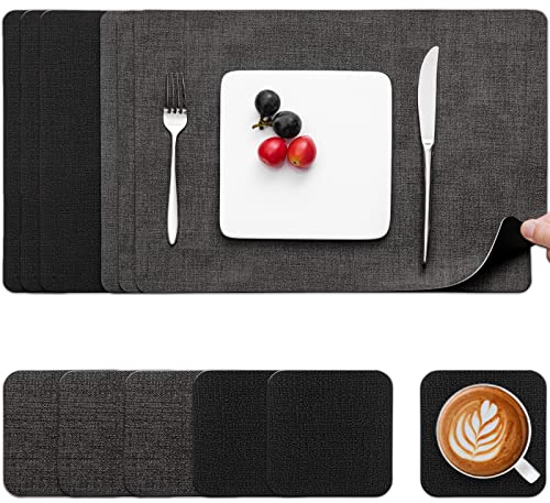 Myir JUN Table Mats Placemats and Coaster Sets 6 Place Mats for Table | Dual-Sided Faux Leather Table Mats Heat-Resistant Waterproof Non-Slip 43 x 30 cm for Kitchen Dining Outdoor(Grey Black)